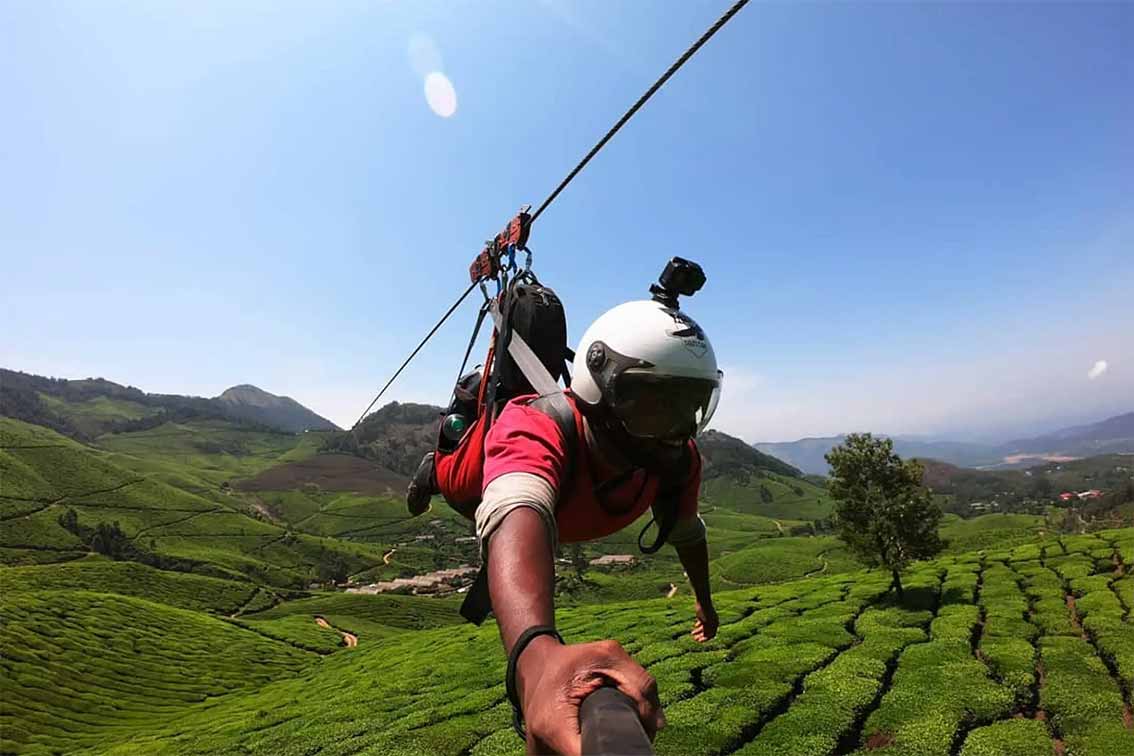 Adventure activities in Munnar including zipline, jeep safari, trekking for thrill seekers
