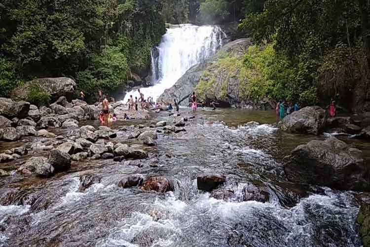 Stream and water flow at Lakkom Waterfalls Kerala